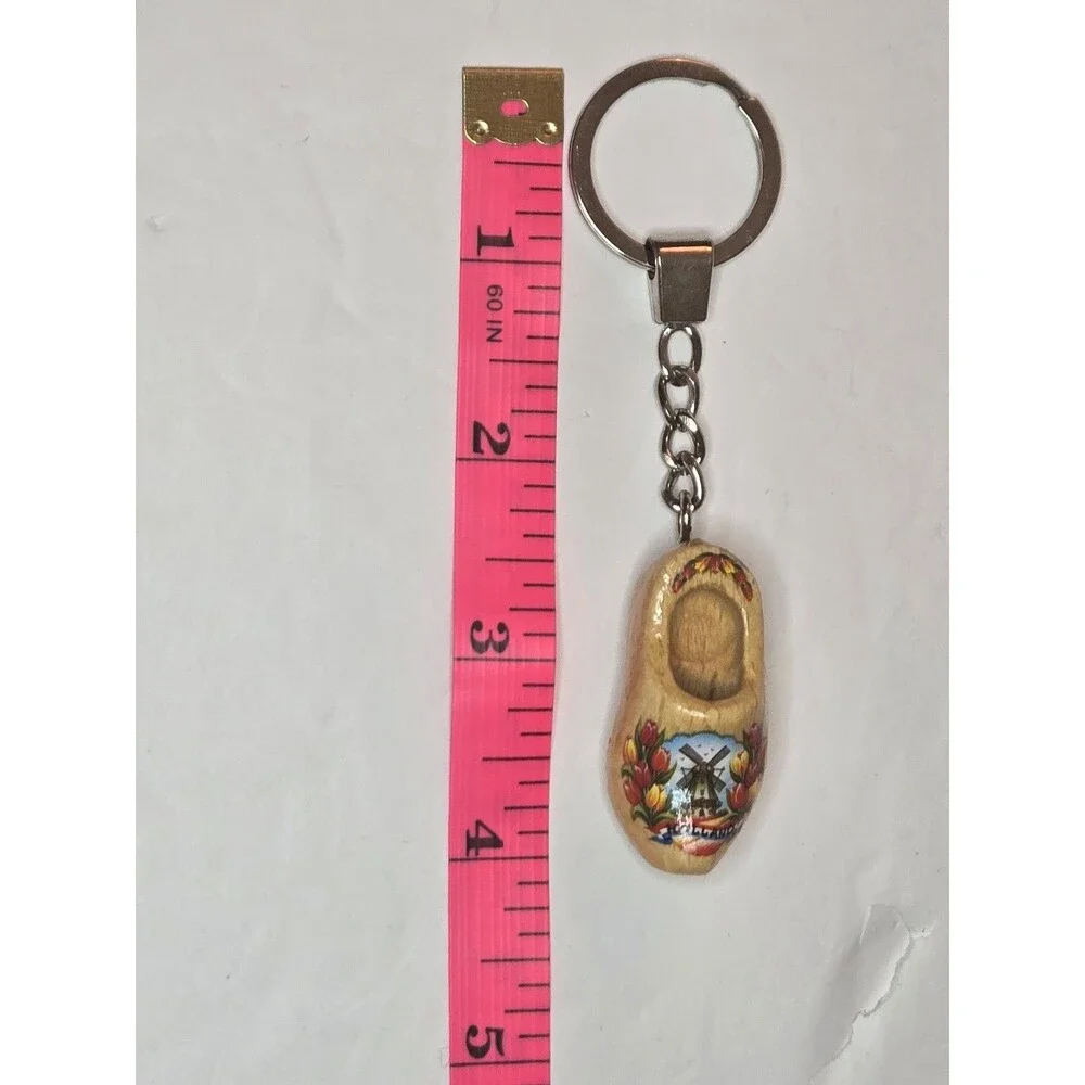 Varnished Tulip Wooden Shoe Keychain Windmill Holland #2